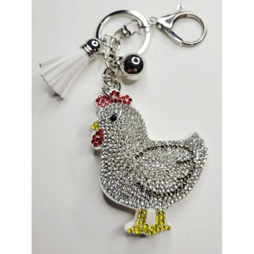 NWT Large Silver White Chicken Rooster Rhinestone Keychain Bag Charm W Tassel